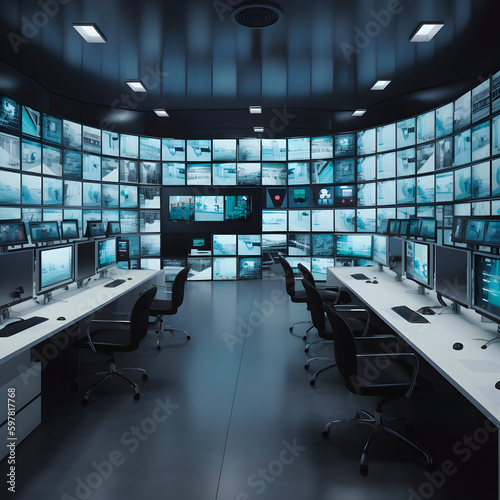Security Control Room with Multipoke Computer Screens Showing Surveillance Camera Footage Feed. High-Tech Security created with Generative AI technology.