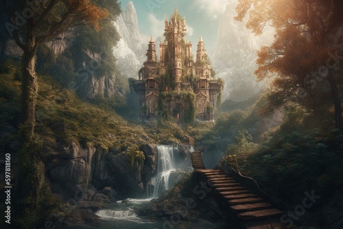 Fantasy illustration of a waterfall tower in an epic forest landscape with water. Digital painting artwork with beautiful scenery backgrounds. Generative AI