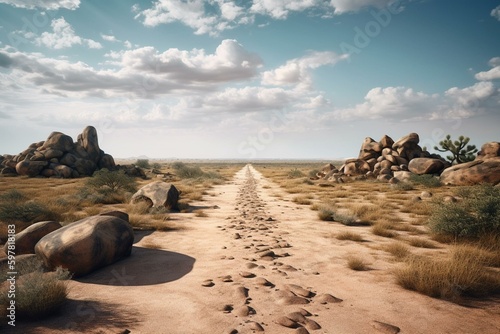 An isolated, barren lane in arid land, boulders on the horizon under a vivid sky. 3D art. Generative AI