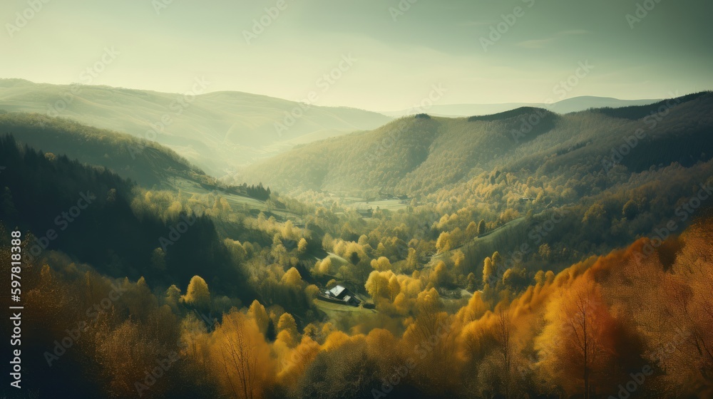 Fototapeta premium Image of mountain valley with mountains and a forest. Generative AI
