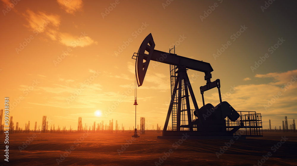 Oil pump oil rig energy industrial machine for petroleum in the sunset background for design, generative ai