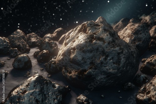 Digital art showing a cluster of space rocks in an asteroid field. Generative AI