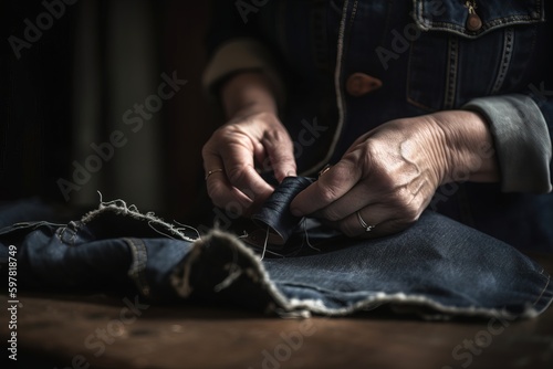 A mid-shot of a woman sewing a patch onto a pair of jeans  capturing the idea of mending and repairing clothing instead of discarding it. Generative AI
