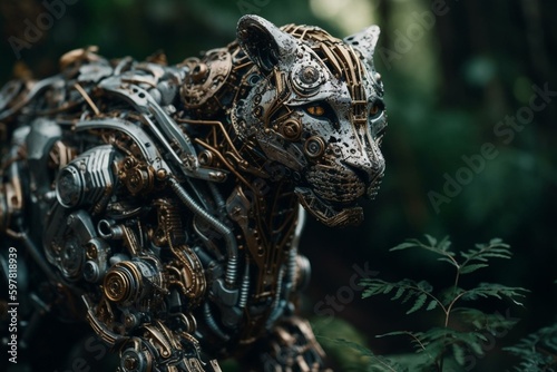 Mechanical beasts in wilderness. Cyborg king of jungle. Generative AI
