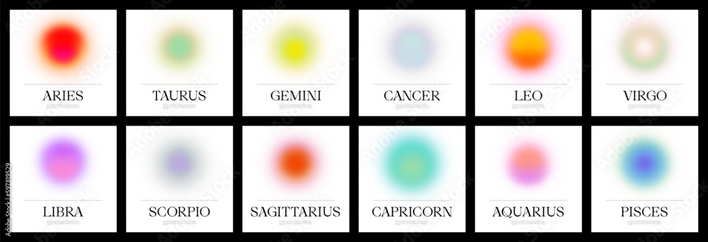 Set of colorful zodiac sign blur gradient illustration with horoscope quote. Modern astrology banner, text template collection for social media post. Minimalist blurred circle abstract poster. - obrazy, fototapety, plakaty 