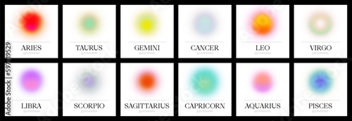 Fotografiet Set of colorful zodiac sign blur gradient illustration with horoscope quote