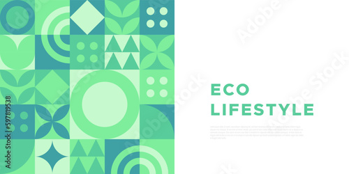Green eco friendly lifestyle web template mosaic illustration with nature abstract shapes. Fresh organic concept landing page background. Minimalist environment shape website, geometry collage.