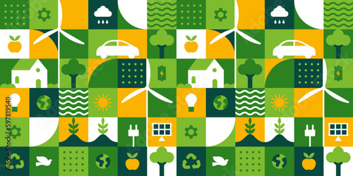 Green eco friendly symbol mosaic seamless pattern illustration with nature abstract shapes. Fresh organic concept background print. Minimalist environment shape texture, geometry collage.