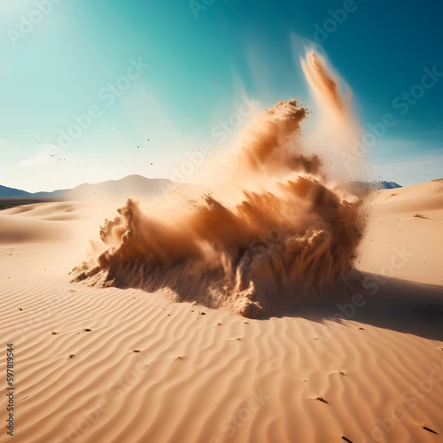 Dust sand cloud on a dusty road from a car. Scattering trail on track from fast movement. Transparent realistic created with Generative AI technology.