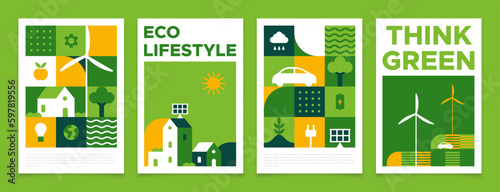 Green eco friendly banner template set. Modern geometry mosaic illustration collection for environment care web or conservation poster design. Clean energy, electric car, recycle concept icon.