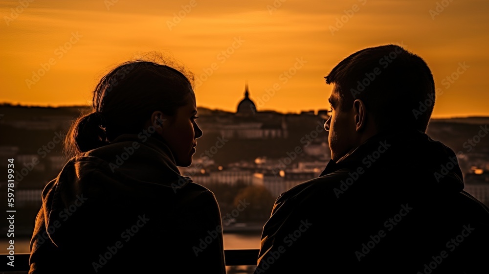 A couple gazing at a stunning city skyline from a rooftop terrace during sunset, with soft, warm light adding romantic atmosphere. Generative AI