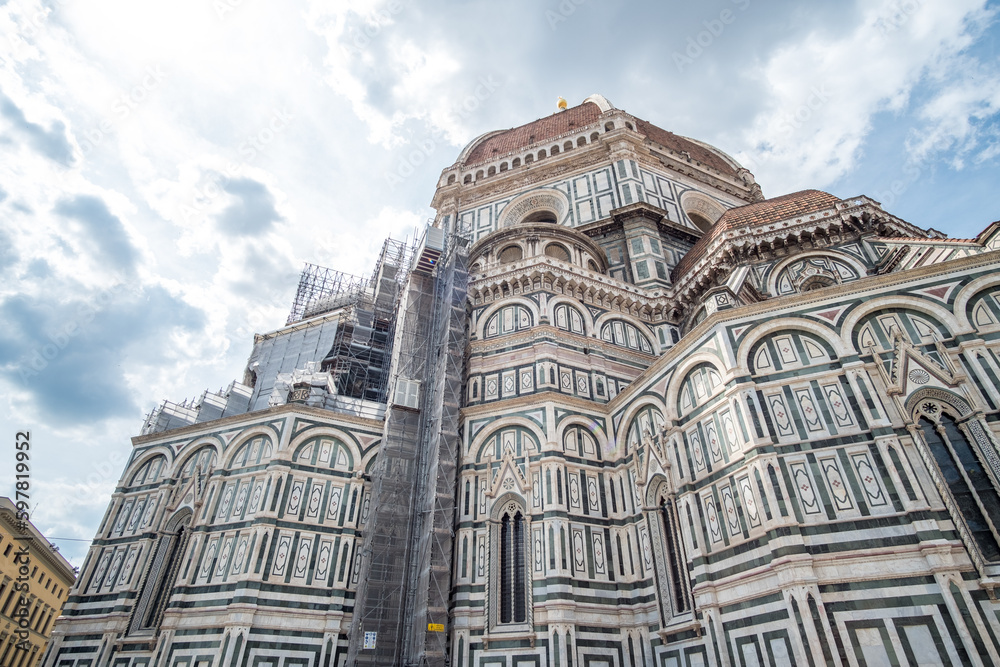 Detail of Florence Duomo Cathedral. Basilica di Santa Maria del Fiore or Basilica of Saint Mary of the Flower in Florence, Italy