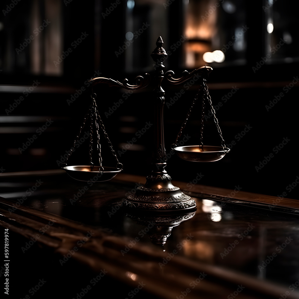 Judge's gavel, scales, statue of justice. Red light. Law and order