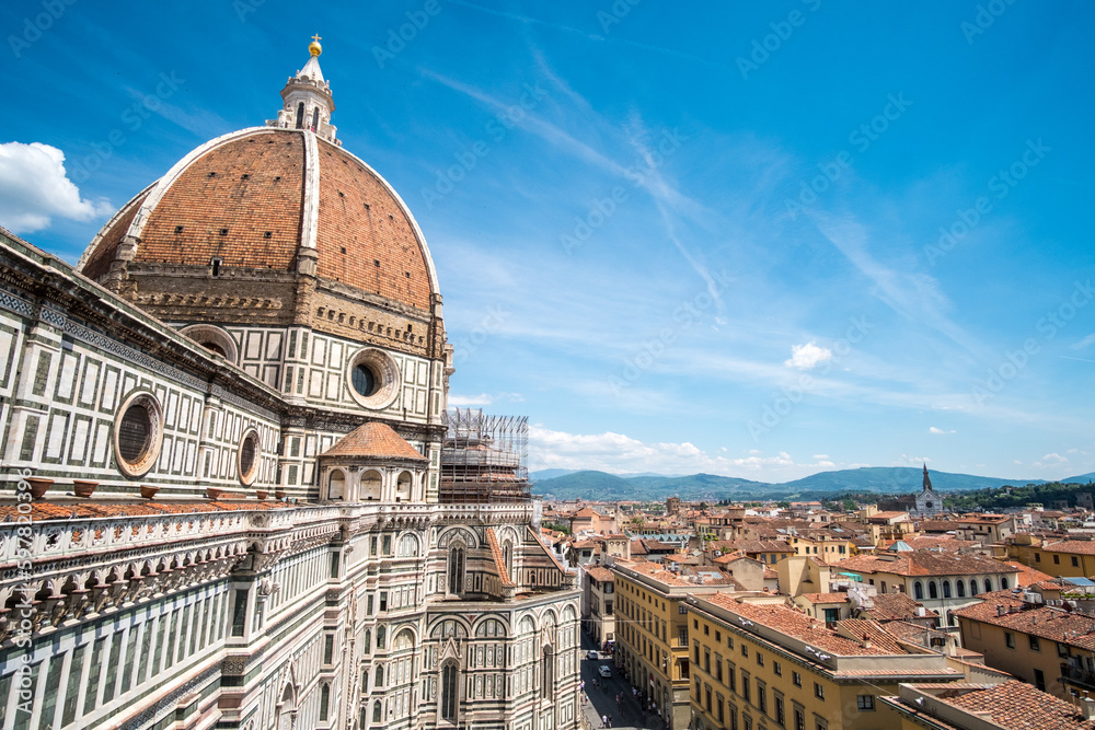 Aerial view of Florence. With Florence Duomo Cathedral. Basilica di Santa Maria del Fiore or Basilica of Saint Mary of the Flower