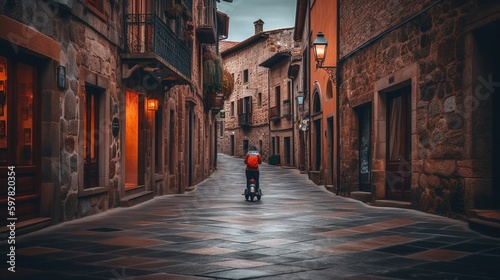 Solo traveler riding a scooter through a charming European town, with cobblestone streets and historic buildings in the background. Generative AI