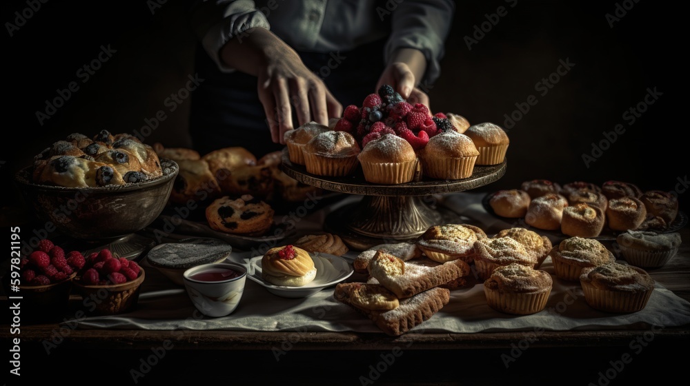 Home baker displaying an assortment of freshly baked pastries and cakes, emphasizing the passion and creativity behind small, home-based businesses. Generative AI