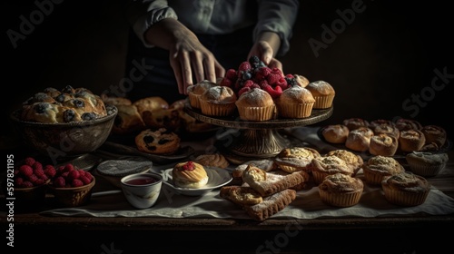 Home baker displaying an assortment of freshly baked pastries and cakes  emphasizing the passion and creativity behind small  home-based businesses. Generative AI