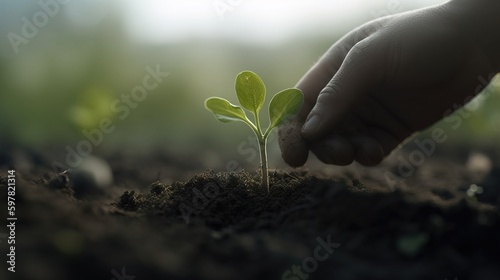 A close-up of a person s hands planting a young tree in fertile soil, symbolizing hope and commitment to a greener future. Generative AI