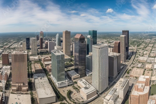 A panoramic view of Houston s downtown from a drone above. Generative AI