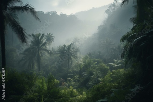 A misty rainforest with hazy palm trees in the morning. Generative AI