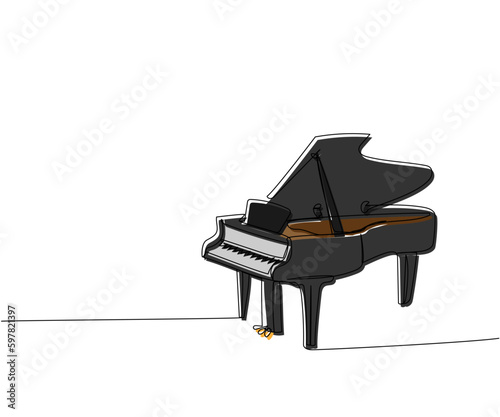 Grand piano one line color art. Continuous line drawing of classical, musician, acoustic, piano, chord, antique, music, keyboard, concert, jazz, instrument, vintage, classic.