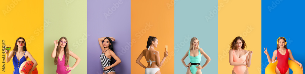 Naklejka premium Set of beautiful young women in swimsuits on colorful background