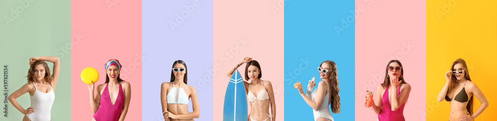 Fototapeta premium Set of beautiful young women in swimsuits on colorful background