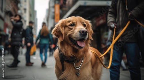 A heartwarming scene of a Golden Retriever and its owner walking through bustling city street, surrounded by tall buildings and passing pedestrians. Generative AI
