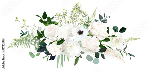 Fototapeta Classic white peony, hydrangea, anemone and rose flowers, eucalyptus, fern, sala