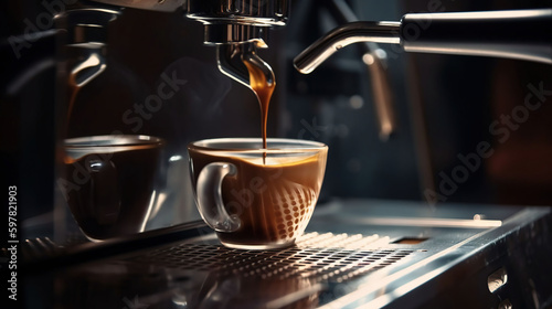 Professional coffee brewing. Close-up of espresso pouring from coffee machine, generative ai