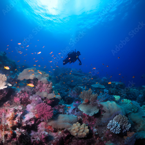 A scuba diver swimming by a coral head with tropica fish created with Generative AI technology.