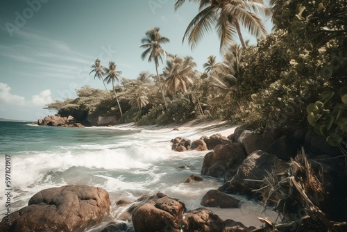 Tropical shoreline covered in palms. Generative AI