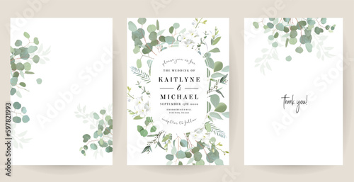 Herbal eucalyptus selection vector frames. Hand painted branches  leaves on white background