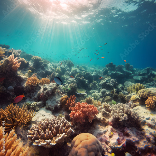 Underwater Scene - Tropical Seabed With Reef And Sunshine created with Generative AI technology.