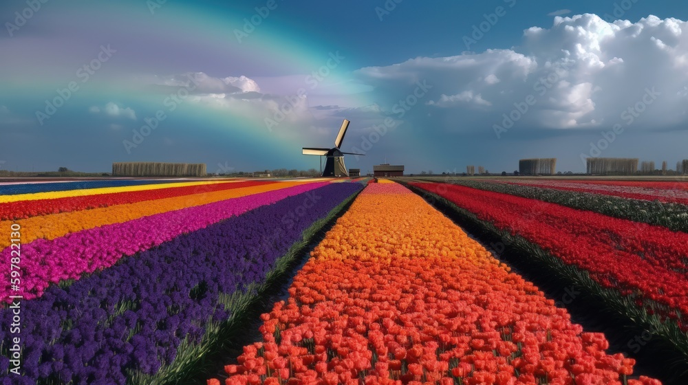 Colorful open field with beautiful tulips. Generative AI
