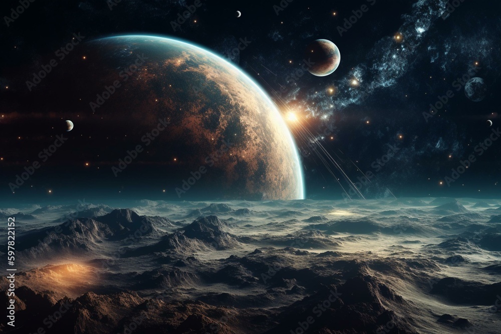 Vivid artwork depicting celestial bodies in the vastness of space. Generative AI