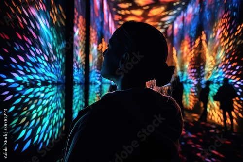 Fotografia An awe-inspiring image of a person watching a 3D projection mapping show, capturing the wonder and excitement of immersive visual experiences