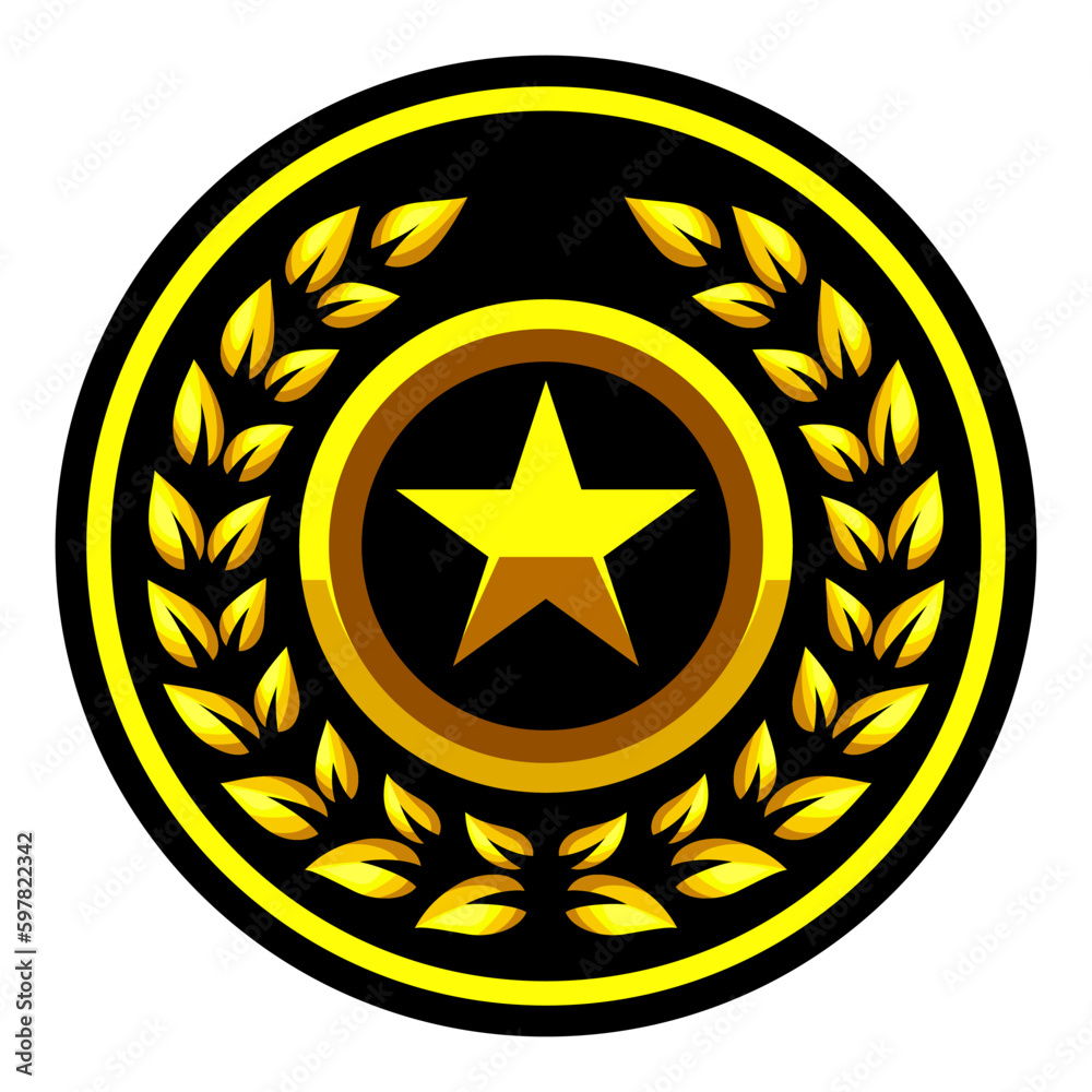 Gold star and golden laurel wreath. Military rank icon, game achievement rating, battle award, reward signs. Sports trophy logo. Gold star and golden laurel wreath. Military rank icon, game achievement rating, battle award, reward signs. Sports trophy logo.