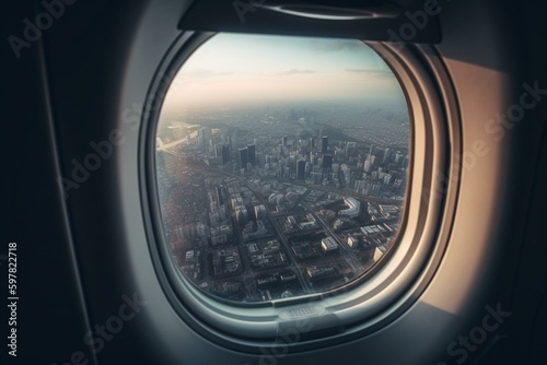 Aerial view of city through airplane window. Generative AI