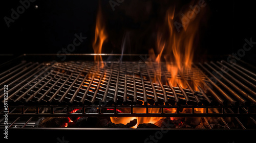 Barbecue Grill With Fire Flames - Empty Fire Grid On Black Background, , generative ai