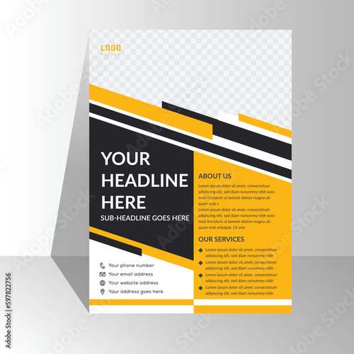 Modern flyer design for advertising promotion and growth company. abstract flat flyer design . Navy blue black and yellow color flyer. creative unique nice clean design. Half page A4 flyer free