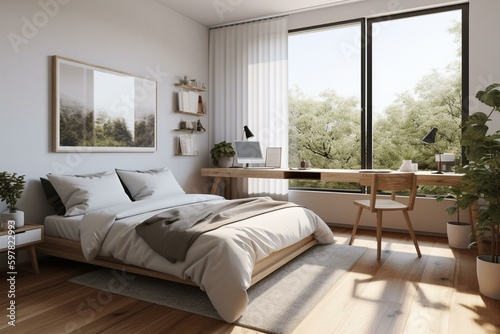 3D rendered teen bedroom with wooden floor, white walls, brown bed, white cabinet, and window with nature view. Generative AI © Valentin