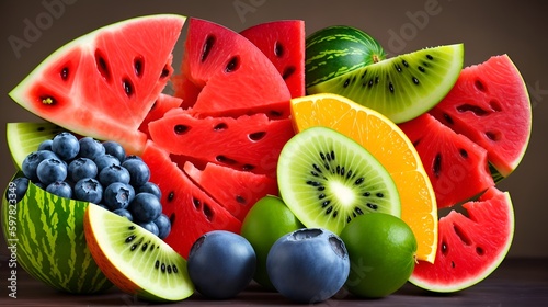 a Sliced fresh colorful healthy fruits in table 