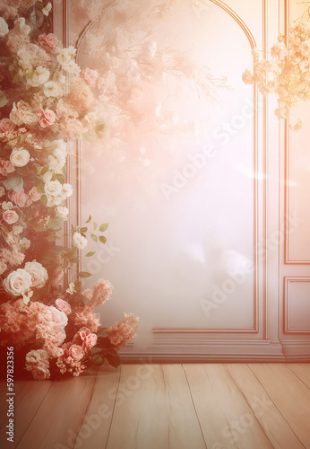 sfondo romantico rosato con fiori ed effetti bokeh per biglietti di auguri, amore, manipolazione fotografica, inserimento prodotto, creato con ai photo