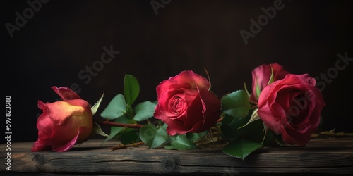 Close up shot of Magenta roses over wooden table and dark background. Generative AI