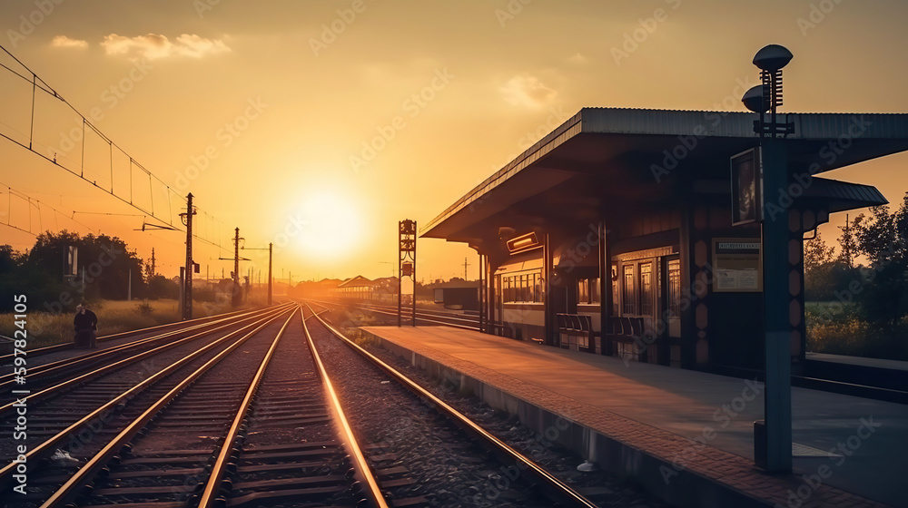 The Golden Hour - A Beautiful Train Stop at Sunset, generative ai