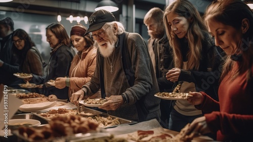 A group of people volunteering at a food bank or homeless shelter  providing warm meals on Thanksgiving Day. Generative AI