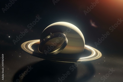 A stunning 3D illustration of Saturn or Jupiter with a meteorite ring and a hazy sun in the background. Generative AI
