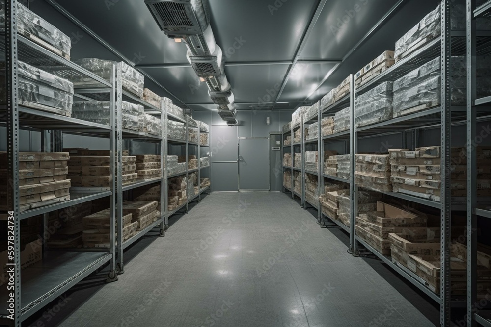 Cold storage room w/ metal shelves & racks for frozen food. Air conditioning on wall. Selective storage in warehouse. Generative AI
