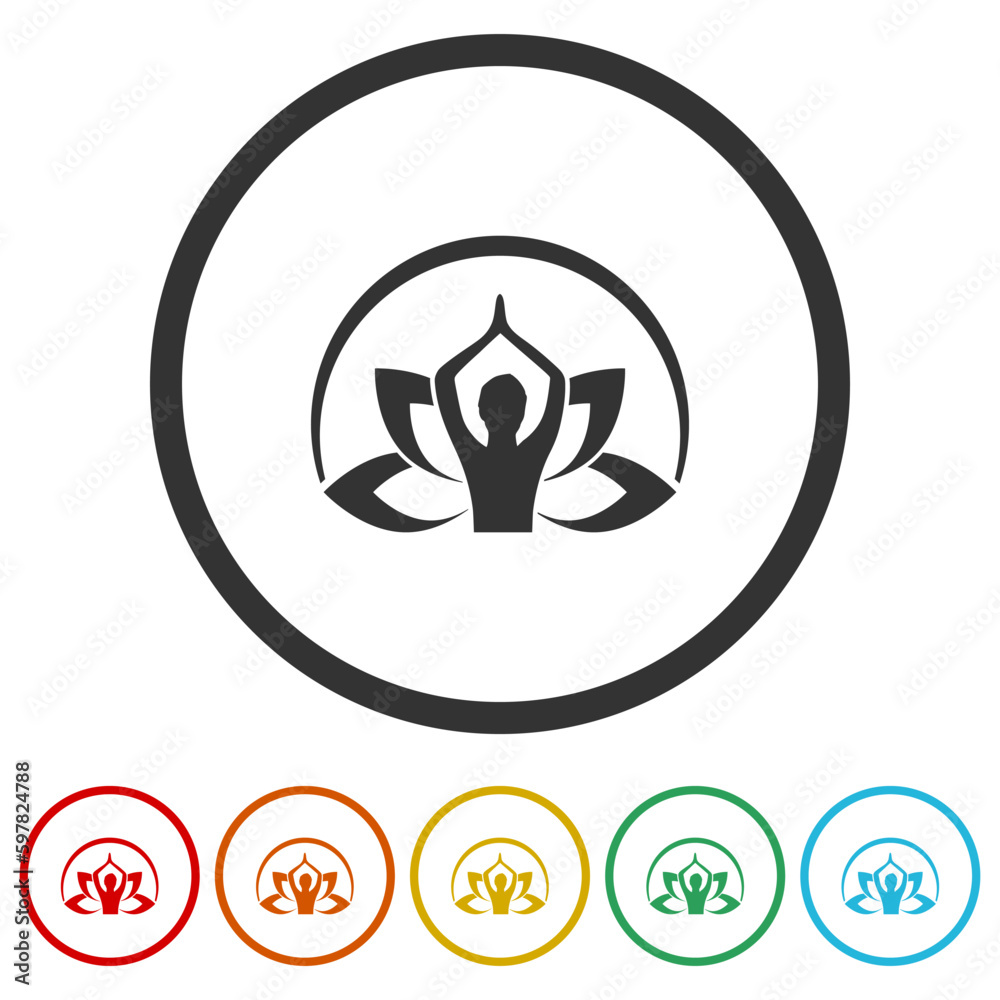 Lotus flower logo with woman silhouette. Set icons in color circle buttons Lotus flower logo with woman silhouette. Set icons in color circle buttons
